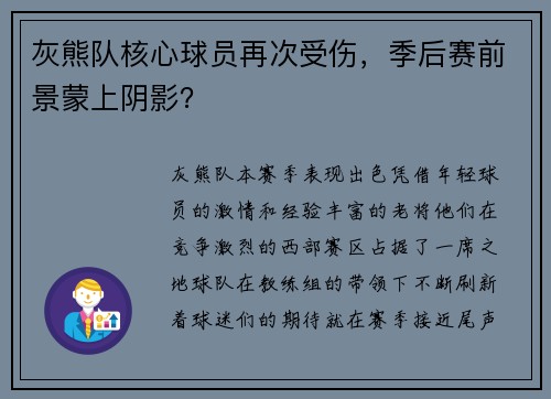 灰熊队核心球员再次受伤，季后赛前景蒙上阴影？