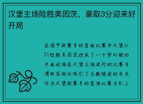 汉堡主场险胜美因茨，豪取3分迎来好开局