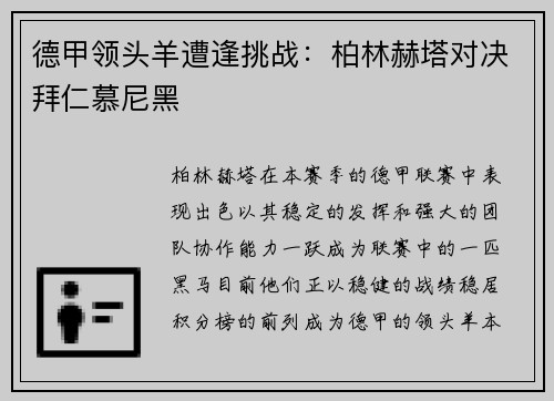 德甲领头羊遭逢挑战：柏林赫塔对决拜仁慕尼黑