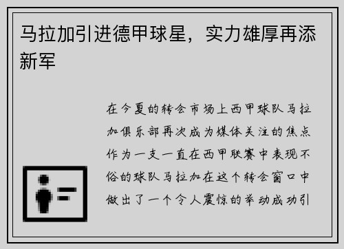 马拉加引进德甲球星，实力雄厚再添新军