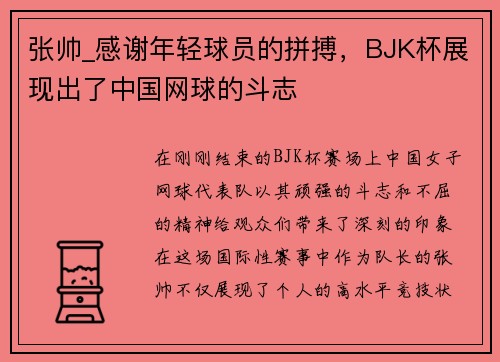 张帅_感谢年轻球员的拼搏，BJK杯展现出了中国网球的斗志